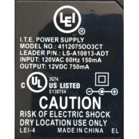 CARGADOR / ADAPTADOR DE FUENTE DE ALIMENTACION LEI I.T.E VCA-VCD / NUMERO DE PARTE LS-A10813-ADT / E138754 / ENTRADA VCA 120VAC 60HZ 150MA / SALIDA VCD 12VDC 750MA / MODELO 4112075OO3CT